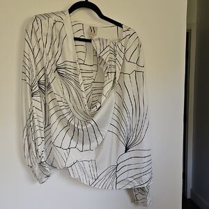 Worthington Black and White Asymmetrical Long Sleeve Blouse